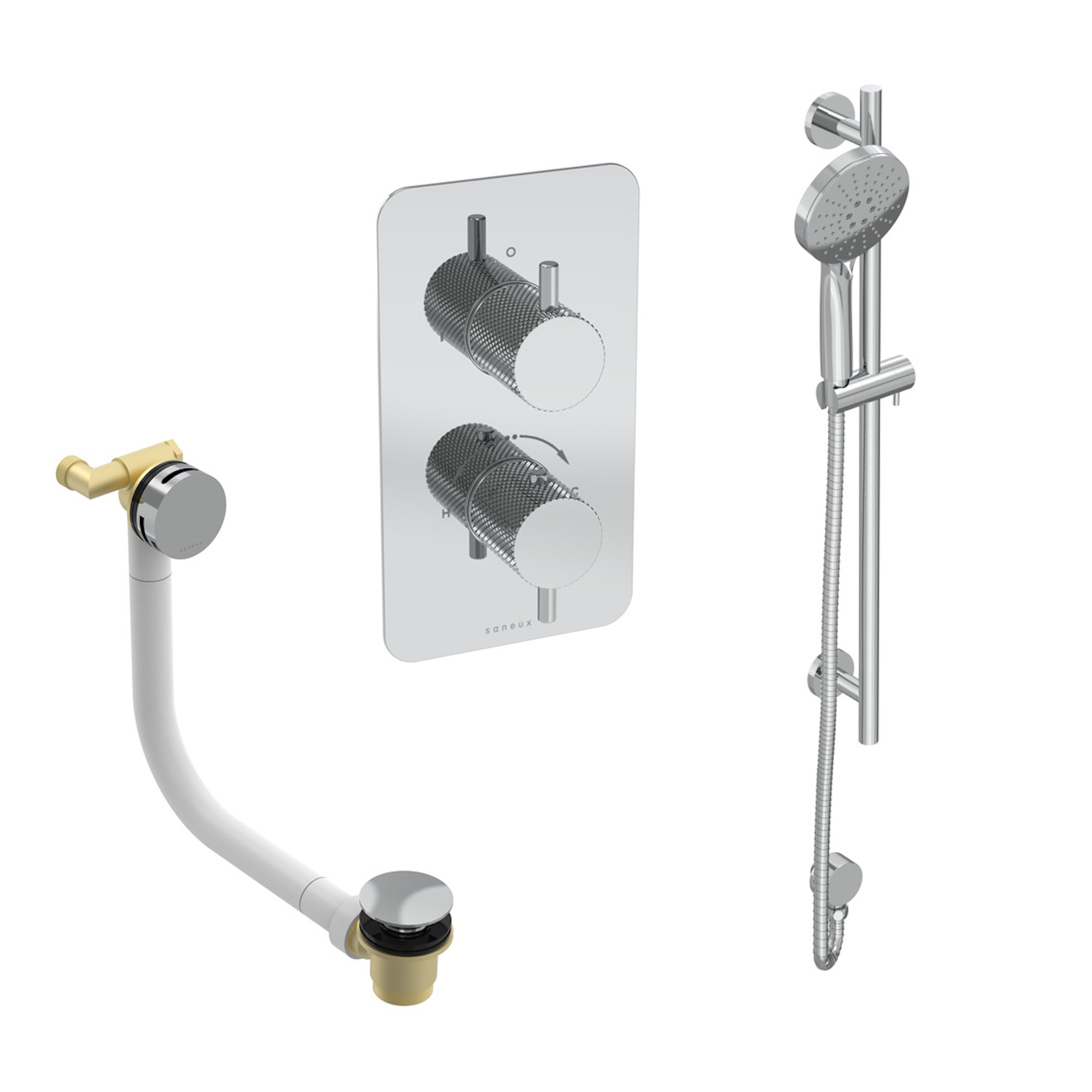 COS 2 way shower kit - w/ 3 Function Handset & Slider Rail & Bath filler - Knurled - Chrome