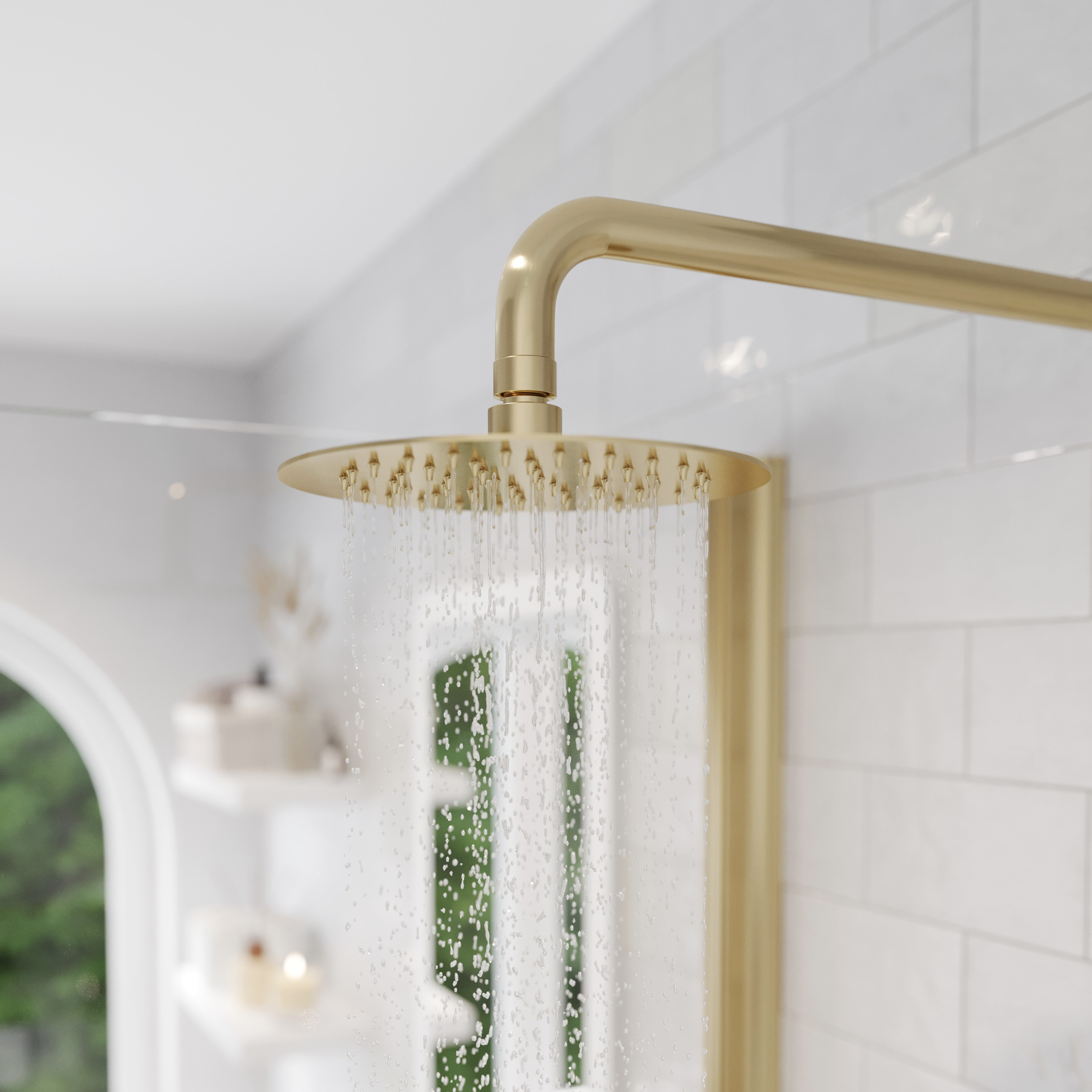 Saneux Cos shower head and arm in brushed brass