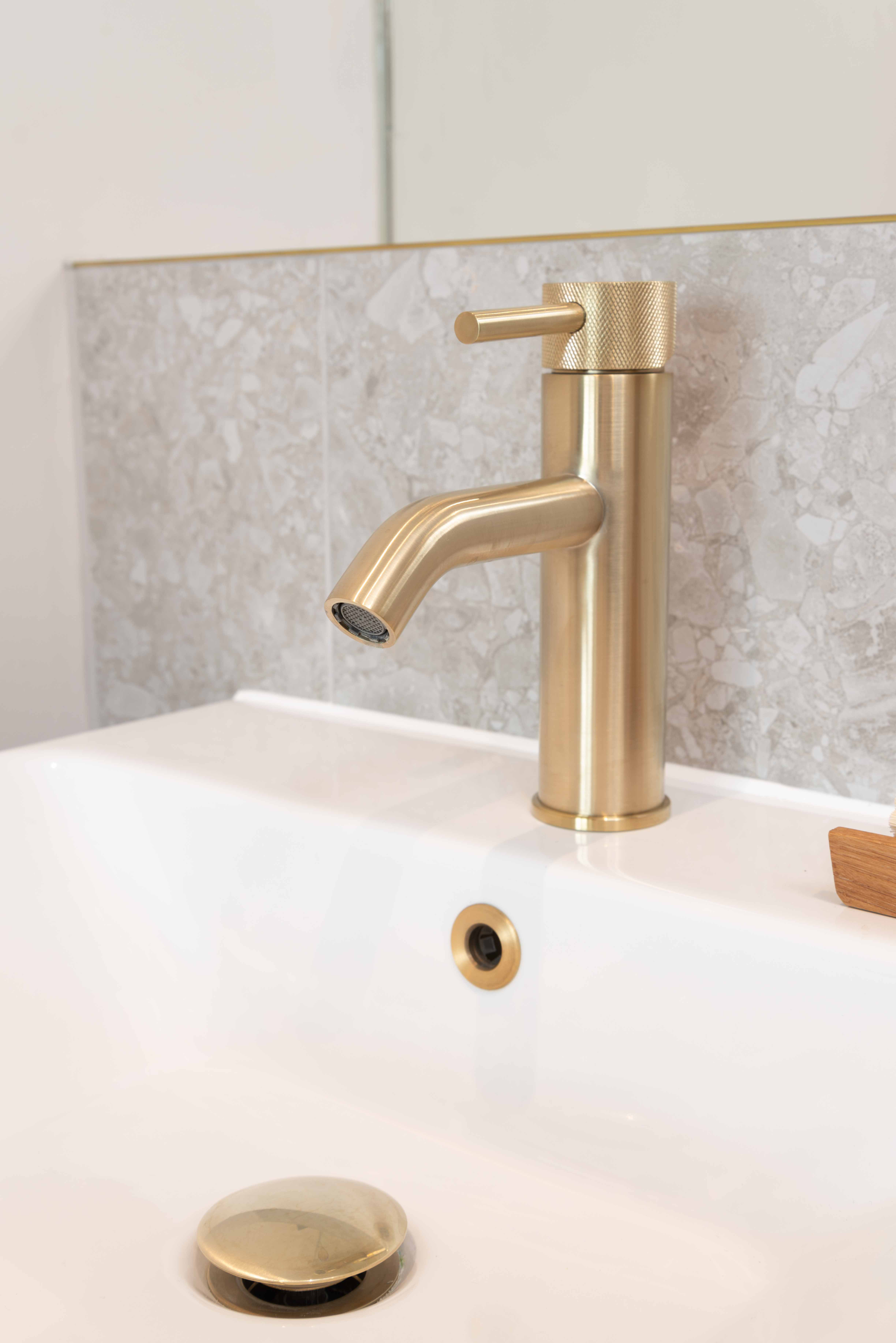Saneux Cos basin mixer knurled brushed brass at Rubric Apartments, Whetstone